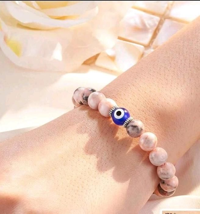 Bracelet "STABILITÉ/ANCRAGE/SÉCURITÉ" en Jaspe zébra rose et oeil bleu - 8mm