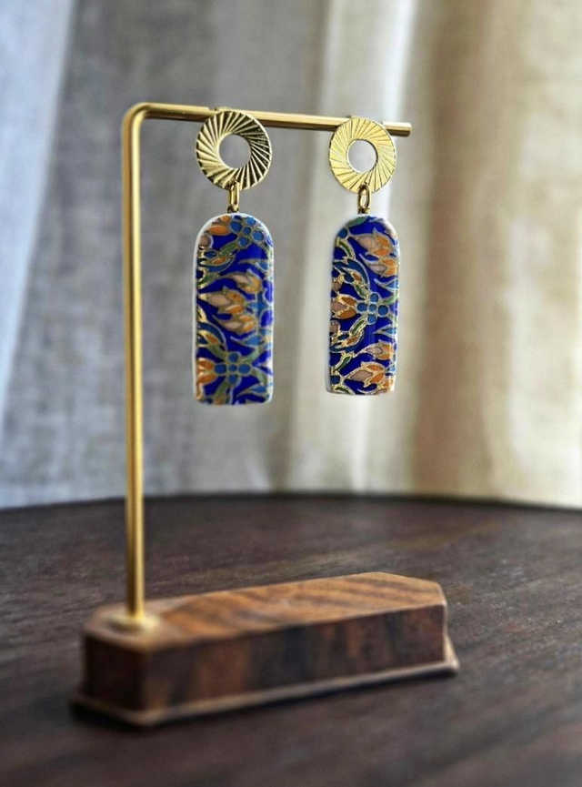 Paire de boucles d'oreilles - porcelaine Thaïlandaise - acier inoxydable doré 