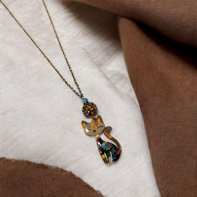 Collier acier inoxydable et cristal marron et bleu chat