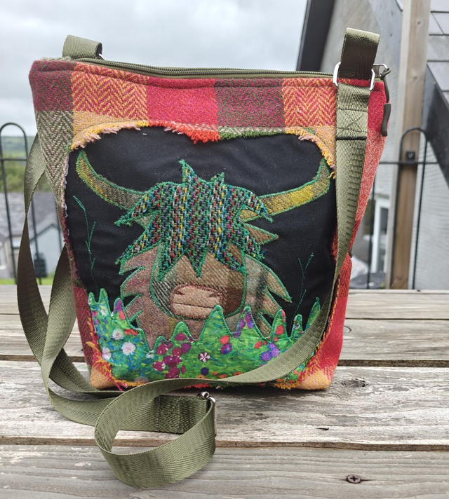 Harris Tweed cross body bag. Highland coo, cow handbag 
