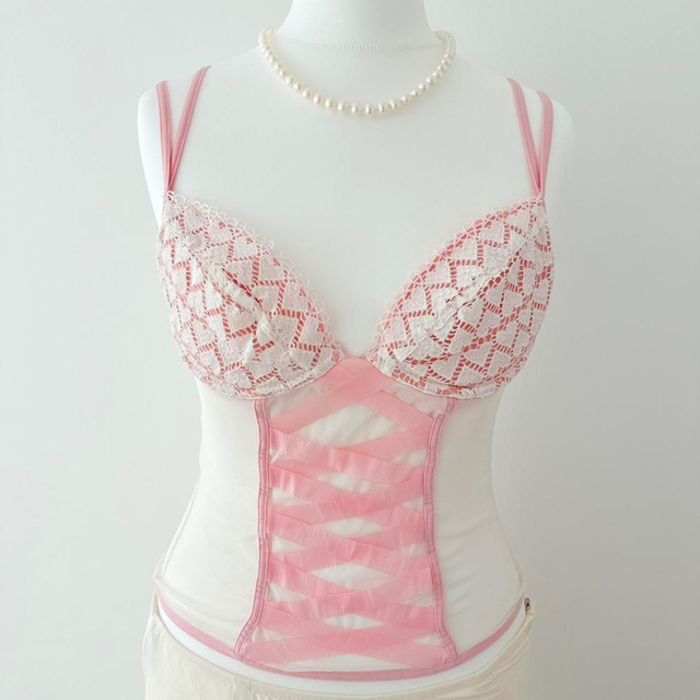 y2k coquette pink intimissimi heart lace cups and mesh corset cami top  