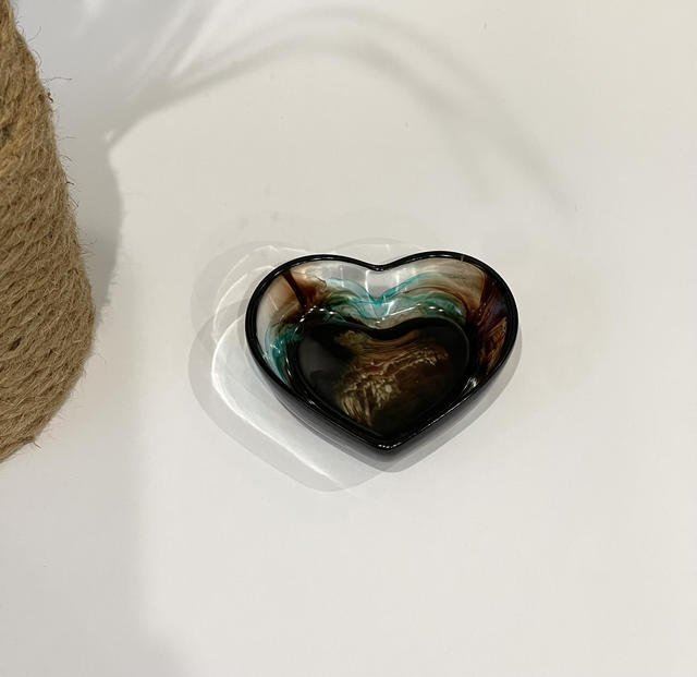 Coupelle cœur vide poche ou bougeoir translucide nuances de chocolat et turquoise 