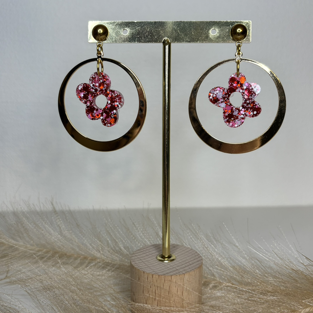 Boucles d’oreilles fleurs paillettes rouges/rose