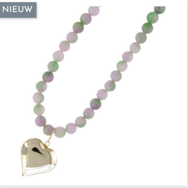 FUSHI KETTING HALFEDELSTEEN 8MM DYED JADE PAARSGROEN MET HART 