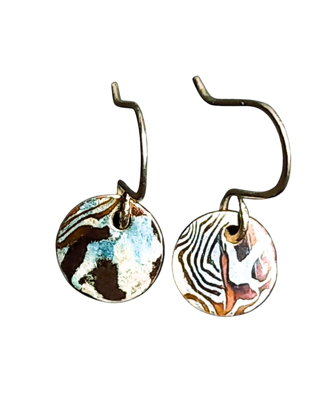 Tiny mokume gane (silver and copper) round drop earrings