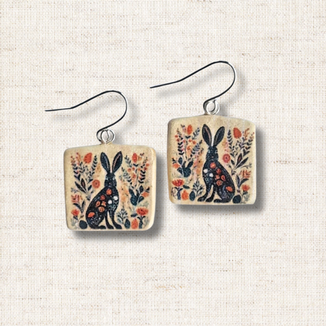 Folk-Art Style Hare Earrings