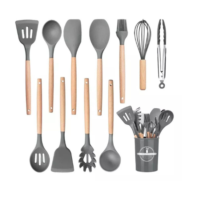 KIT de Utensílios Para Cozinha em Silicone e Bambu 12 Peças