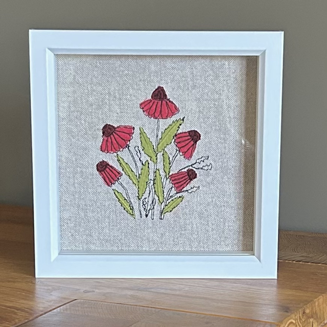 Free Motion Embroidery wall mounted Rudbeckia flower - crimson