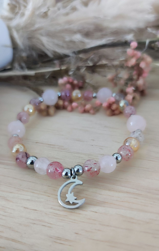 Bracelet "Épanouissement et Joie" Quartz fraise et Quartz rose