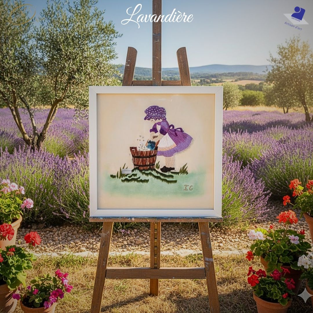 La Lavandière tableau – Aquarelle &amp; Peinture à l’aiguille – Pièce Unique