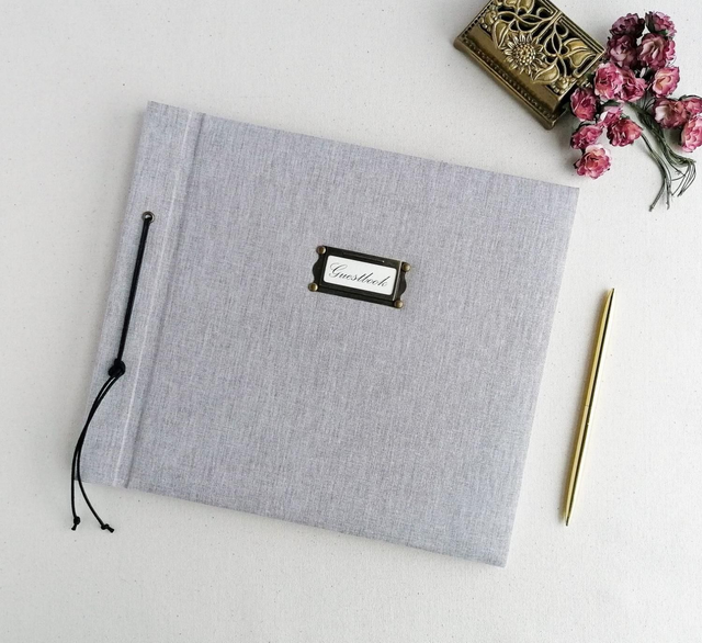 Personalised title large Photo album Memory keepsake book with grey linen cotton cover.