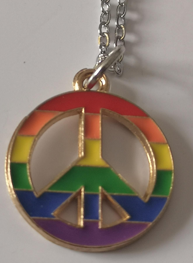 Enamel Rainbow Peace Sign Pendant Necklace. 