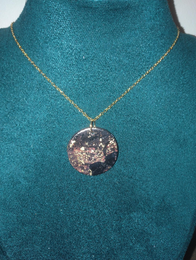 Midnight Glow Pendant – Black Polymer Clay with Gold Foil on Gold-Plated Chain

