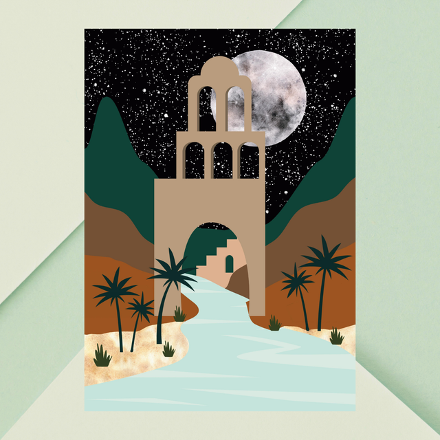 Impression d&#039;Art Oasis du Désert au Clair de Lune – Décoration Murale Nocturne  / Moonlit Desert Oasis Art Print – Nighttime Scenic Wall Decor 