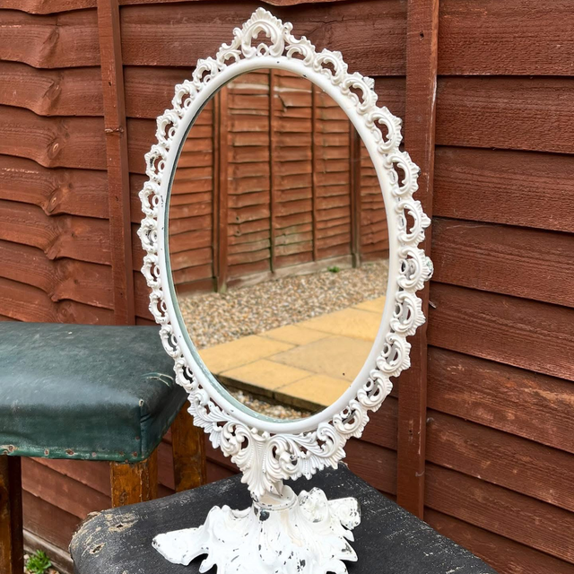 Vintage Painted Ornate Freestanding Oval Vanity Mirror