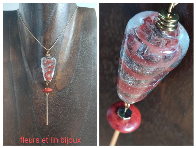 Collier en verre transparent et rouge, pierre naturelle, hématite et tige doré monté sur fil de lin avec chaîne d&#039;extension 