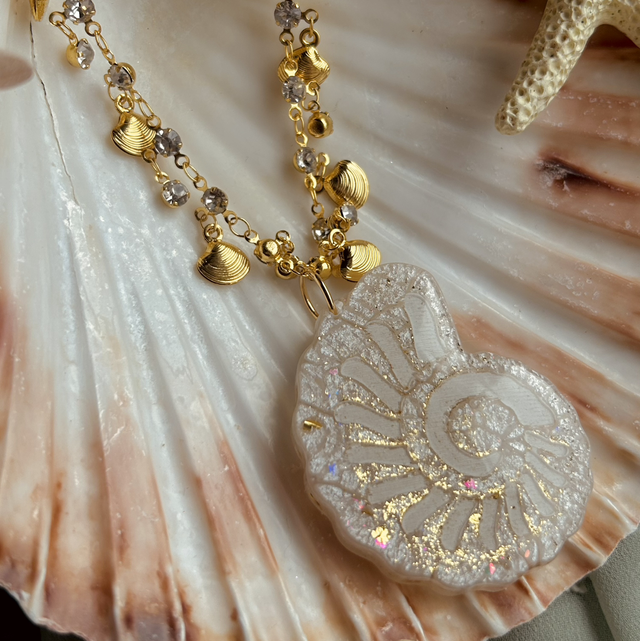 Gold and White Nautilus Shell Statement Necklace with Shell and Cubic Zirconia Chain