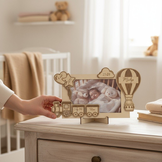 Cadre photo personnalisé en bois gravé – décor train et montgolfière pour enfant