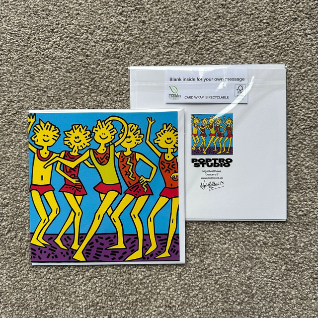 Dancers 5 - Single Square Keith Haring Inspired Greetings Card, White Envelope, Blank Inside, Recyclable Wrap, Professionally Printed.