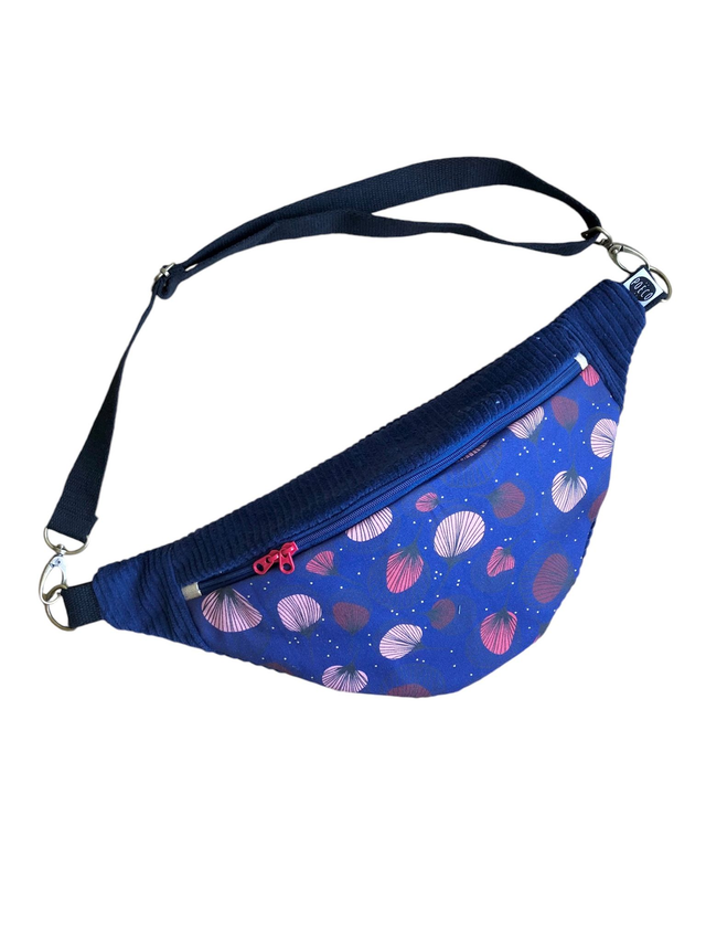 Sac Banane velours côtelé  - PLUMES rouge - bleu marine
