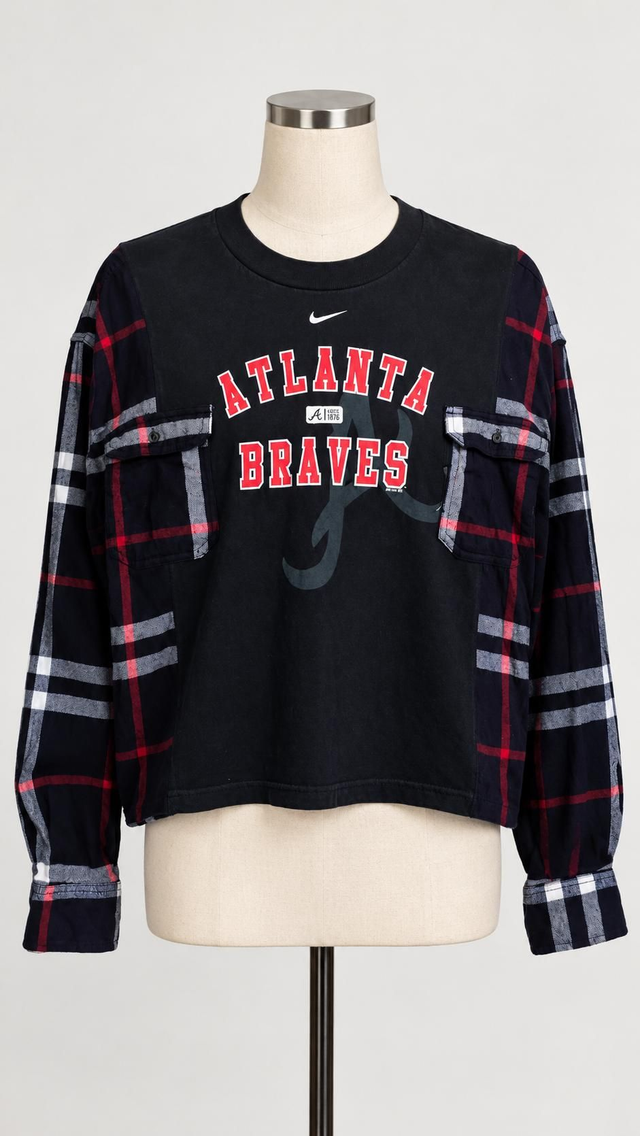 Reworked Nike Atlanta Braves Tee × Plaid Flannel – Upcycled Cropped Shirt