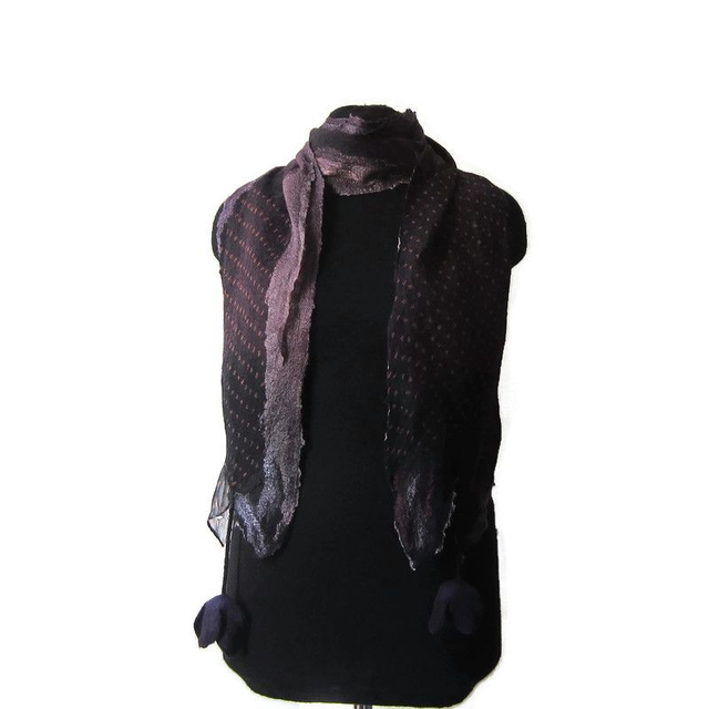 Sciarpa lana merino seta infeltrita fiori tulipani Sciarpa colore nero viola lunga calda donna fatto a mano regali unici per le donne