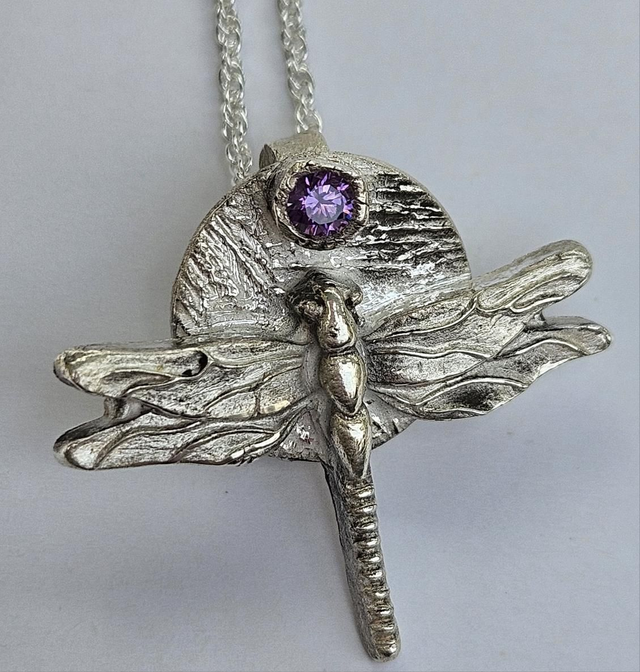 Dragonfly fine silver pendant with amethyst cubic zirconia 