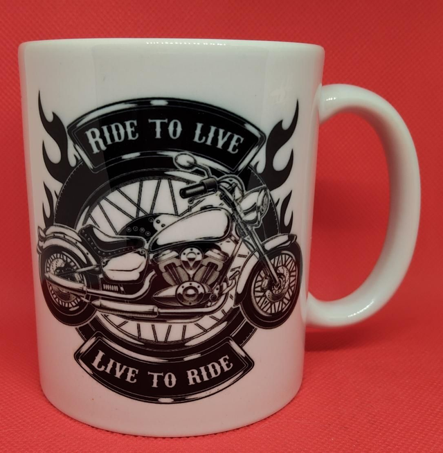 Custom Printed "Ride To Live, Live To Ride" Biker Mug.