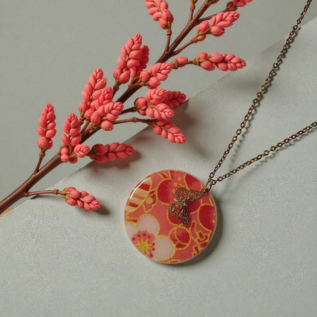 Collier acier inoxydable motifs japonais corail