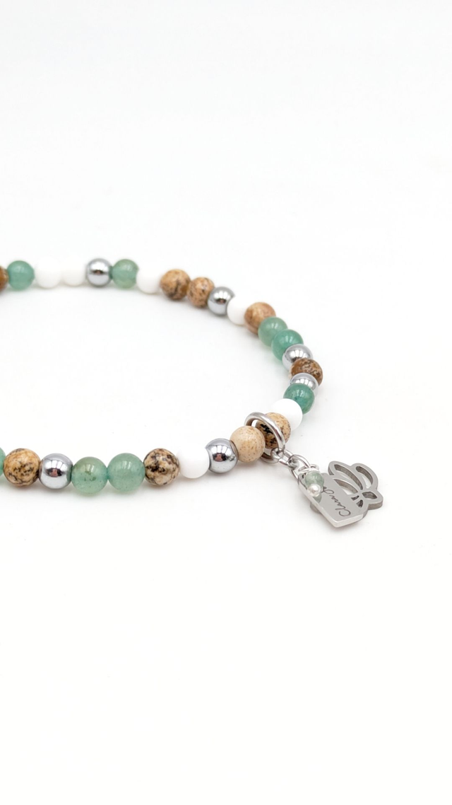 🌸 Bracelet Aventurine, Jaspe paysage, Coquillage &amp; Hématite argentée – Fleur de Lotus