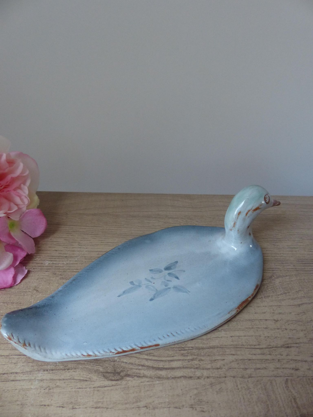Plat de service foie gras en céramique artisanal français forme canard bleu, plat tête de canard poterie, plat canard décoration table fête