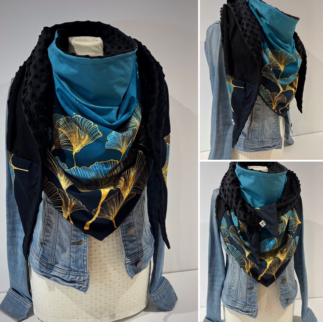 Maxi chèche, châle, écharpe bleu, noire et Or doublée en polaire minky noire "Happy Orelie Bleu"