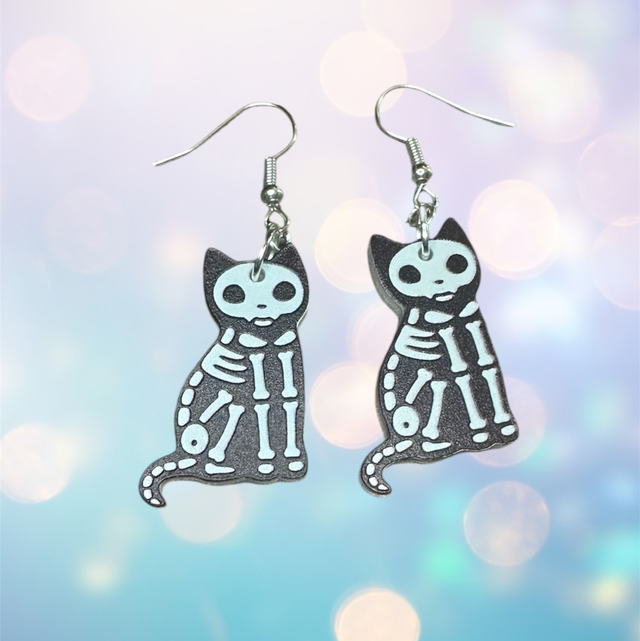 Cat Skeleton Earrings - Black 