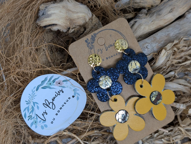 Boucles d&#039;oreilles Marguerite m1090 bleu marine jaune