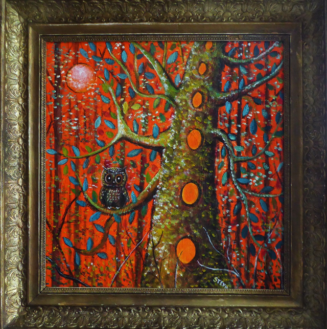 Nuit magique en forêt. Acrylique sur bois