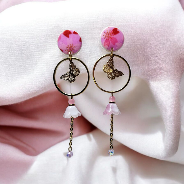 Boucles d'oreilles pendantes motifs japonais parme