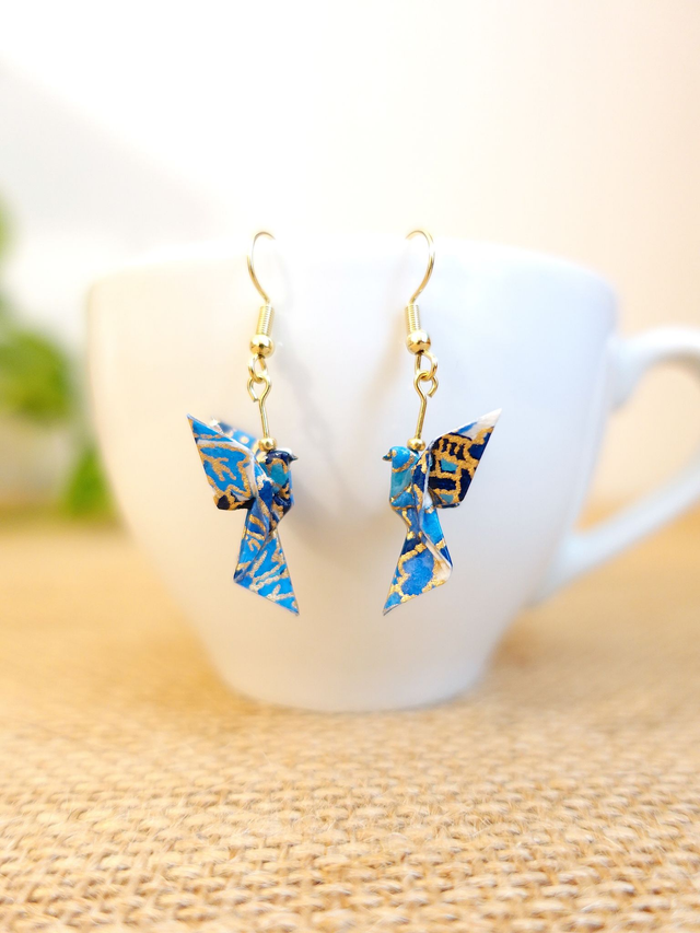 Origami Colombe, oiseau / INOX doré / Boucles d'oreilles / Papier japonais washi / Bleu, violet, or / Bijou japonais origami /