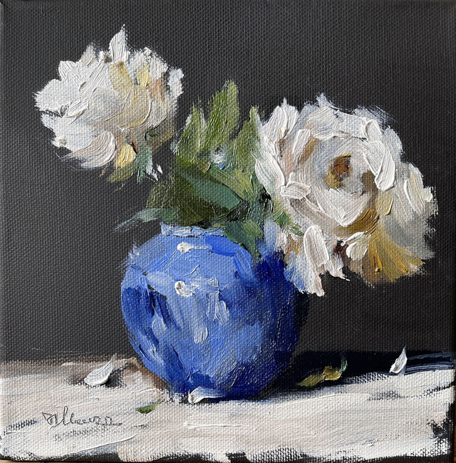 Roses in а blue vase 01. Original oil painting on stretched canvas 20x20 cm