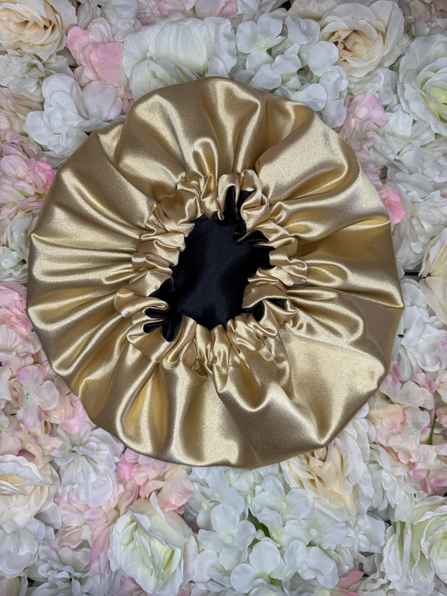Bonnet en satin Bicolore - Doré & Noir réversible | Protection cheveux nuit | Anti-frisottis | Tailles S, M, L | Double face fait main