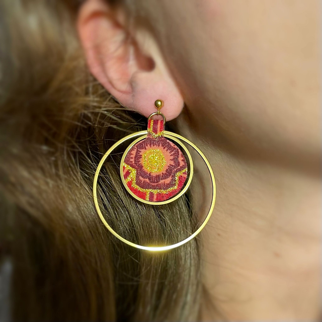 Duo Cercles - Boucles d'oreilles en tissu wax rouge et doré