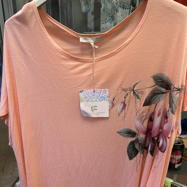 Lagenlook - Coral Colour Basic Top with Flower Pattern - Free Size - 1929