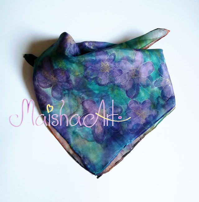 Unikatna, Ročno poslikana Svilena Ruta, Vijolice & Metulji