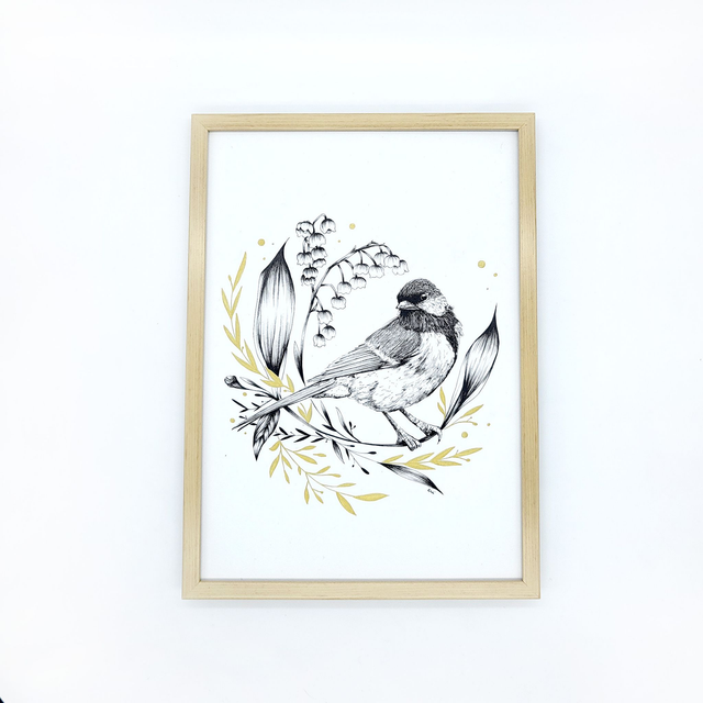 Illustration oiseau floral encre de chine