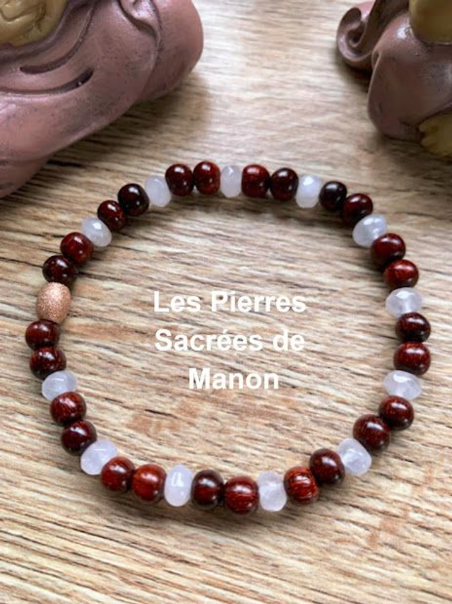 Bracelet Cristal de Roche et Bois de Santal Rouge - Perles de 6mm