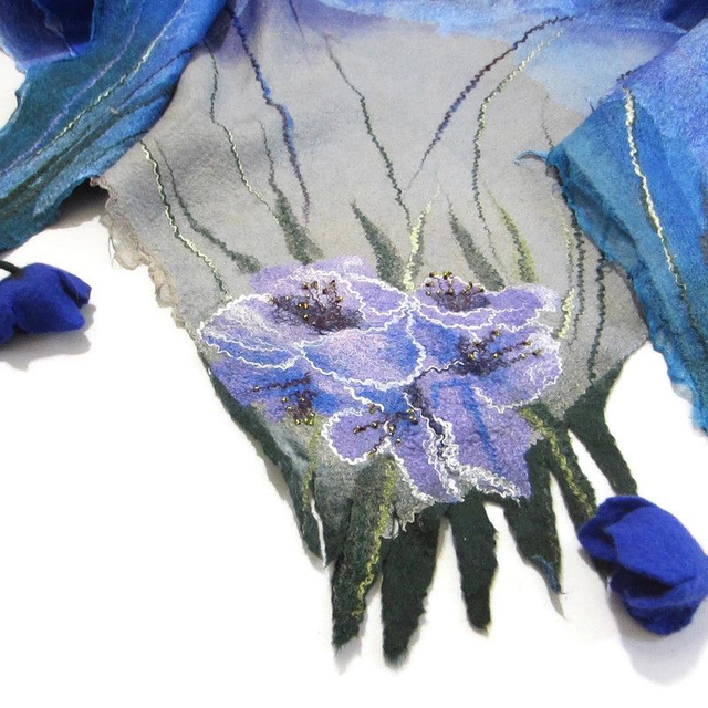 Scialle lana merino seta Scialle feltro fiori di lana fatto a mano bactus infeltrimento warm blue