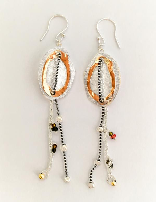 Pendientes de cadenas de plata 925, Cobre y Oro, con turmalinas.