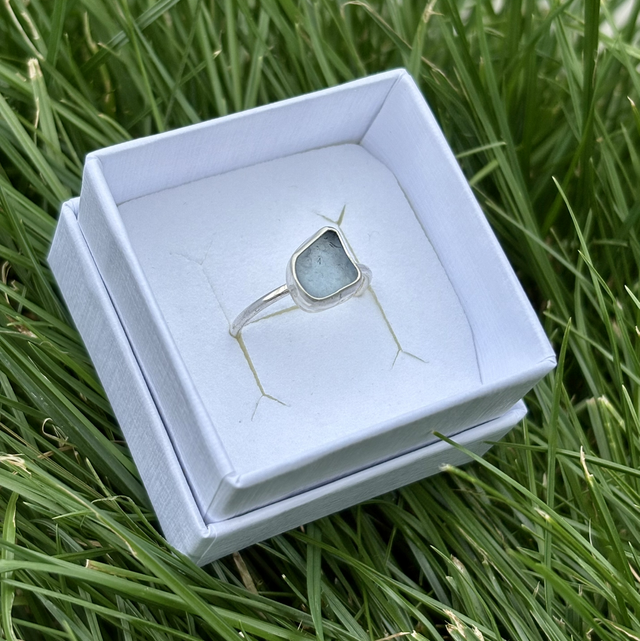 Pale Blue Seaglass & Recycled Silver Ring Size P
