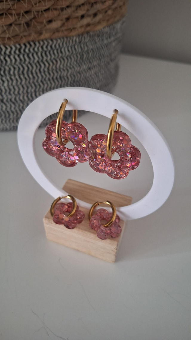 Boucles d&#039;oreilles duo Mère fille paillettes roses