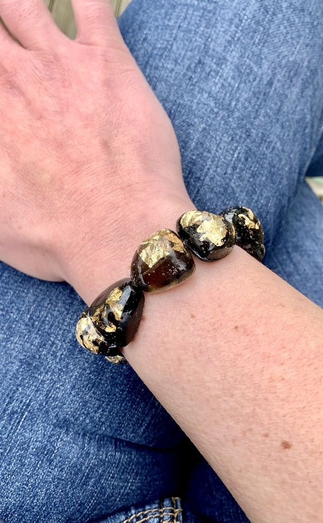 Bracelet Galets - Noir et Feuilles d&#039;Or