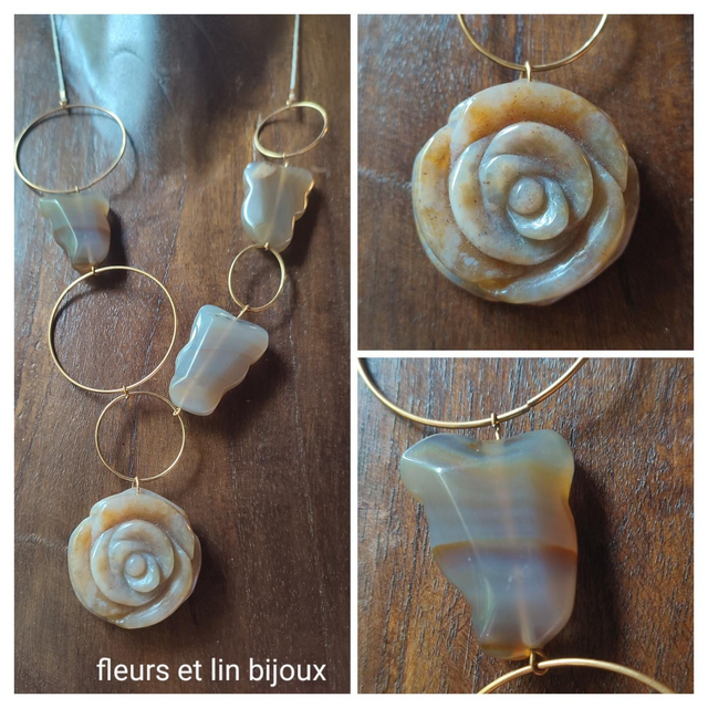 Z- Collier long fleur &amp; pierres en agate brune ( pierres naturelles) monté sur fil de lin réglable 